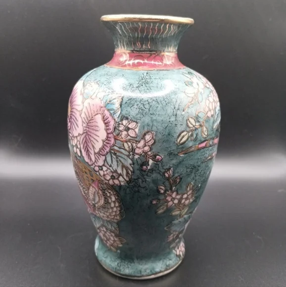 EUC Vintage Cloisonne Teal Purple Gold Tone Floral Vase Pot 5.5" Tall!! - Picture 2 of 6